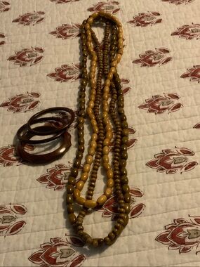 Layered wood Bead Necklace with wood Bracelets